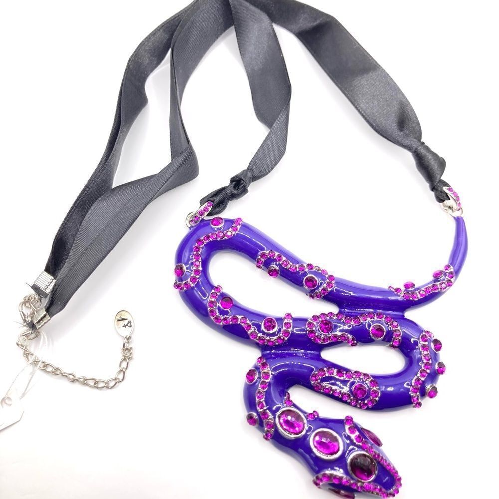 Vintage Style Purple Enamel Snake Ribbon Statement Necklace Pink Rhinestone Goth